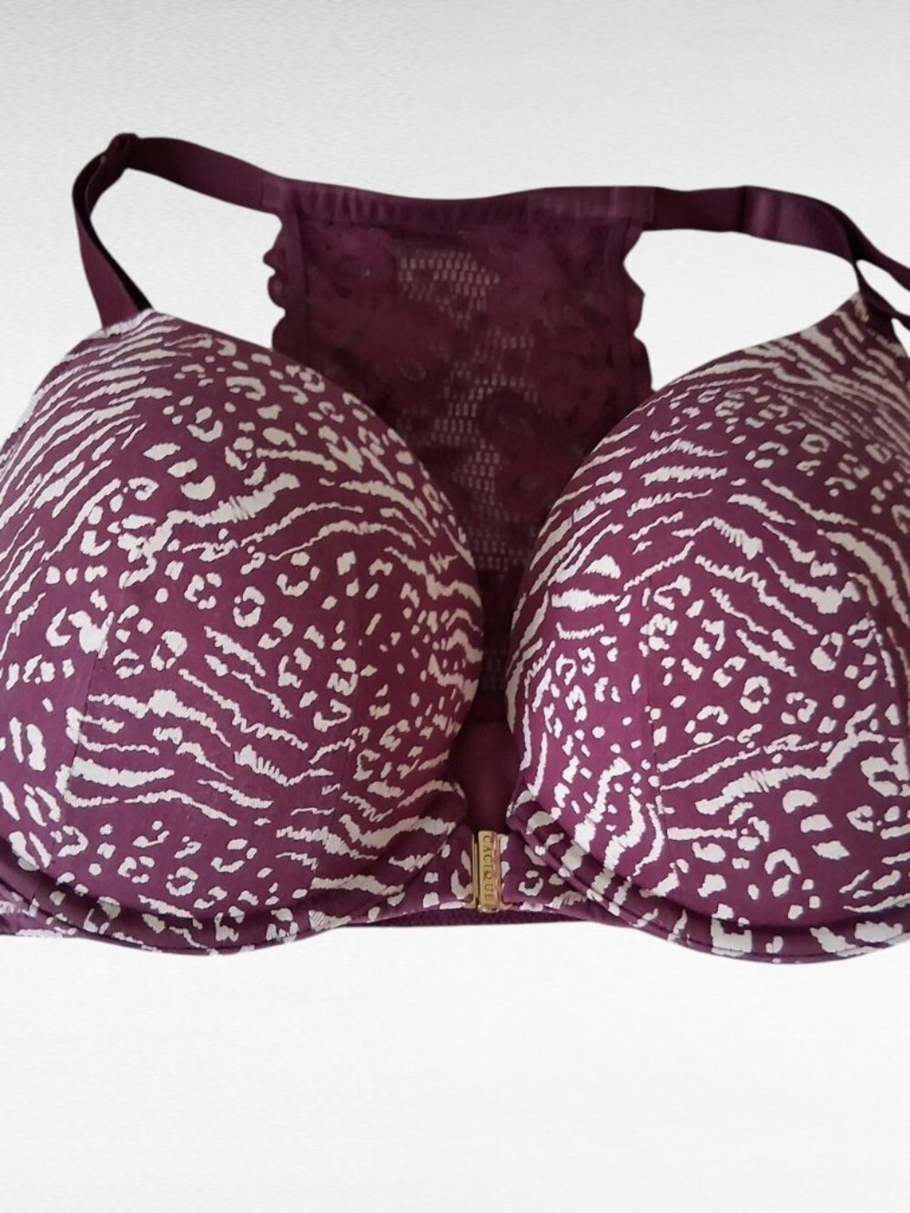 Cacique burgundy red front close racerback lace back boost plunge bra size 44B